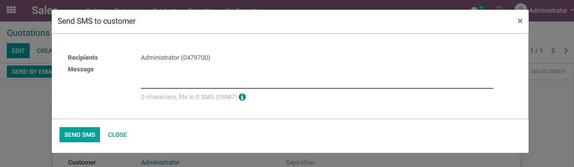 Send SMS action dialog example