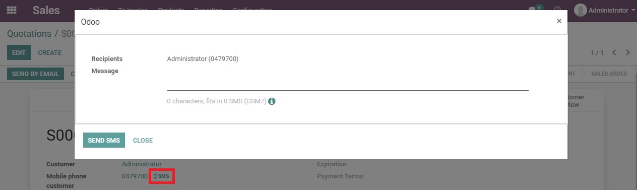 Send SMS popup example
