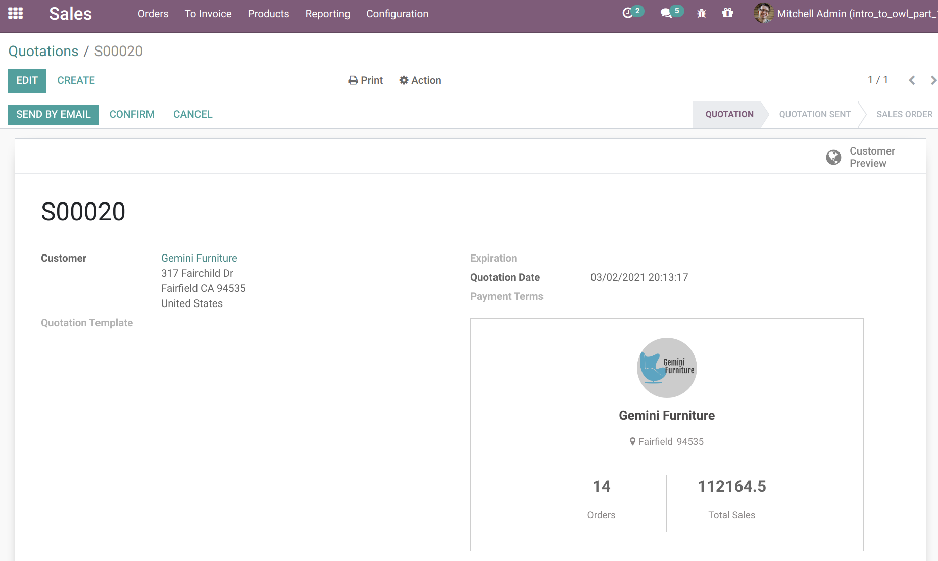 Sales order complete widget example customer 1
