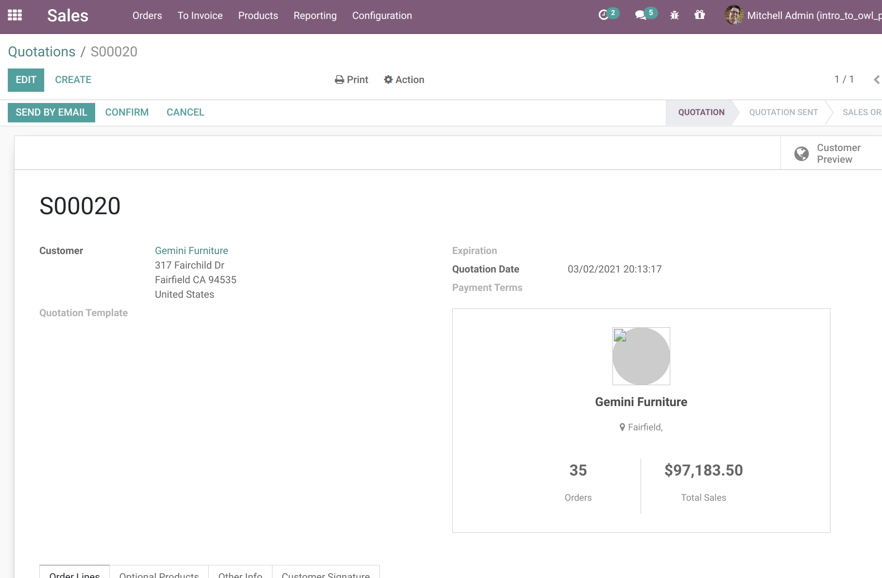 Sales order widget mock without data example