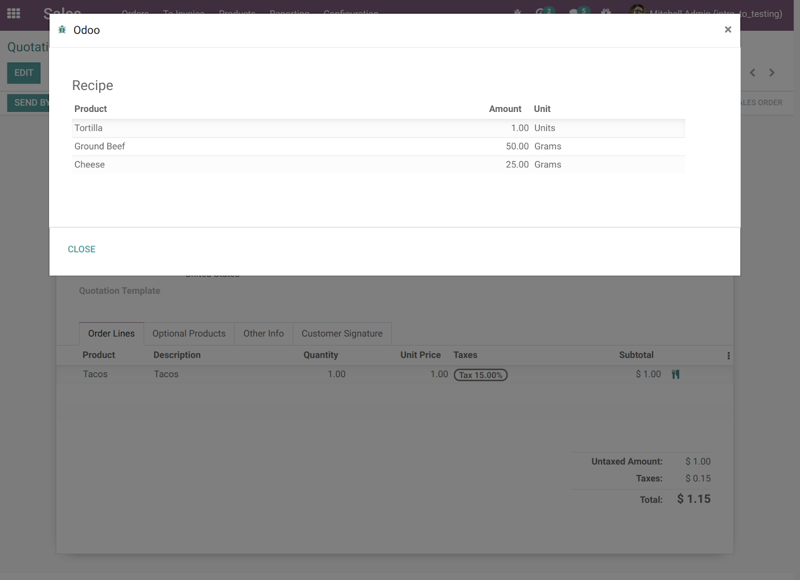 Ingredient form view wizard pop-up, after clicking an ingredient order line