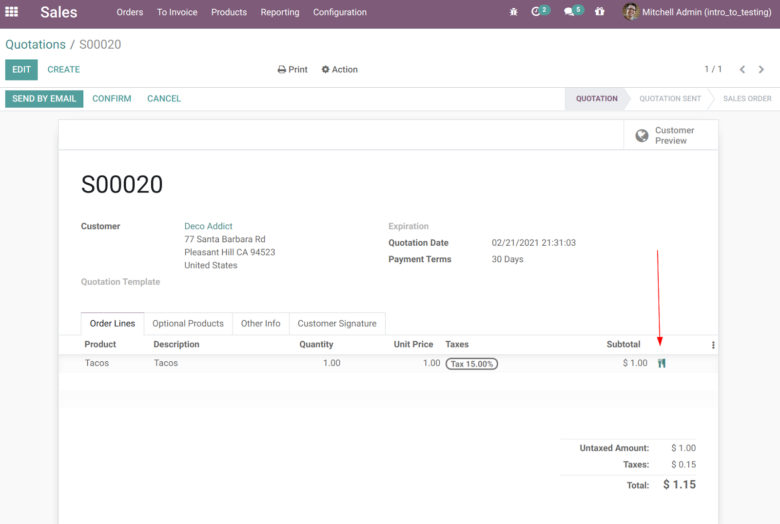 Sale order model form view, adding ingredient button to order lines