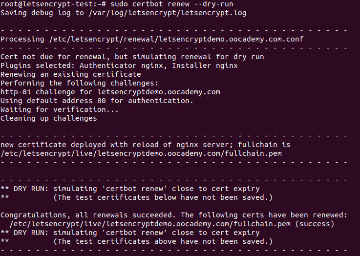 Succesfull certbot dry-run result